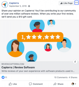 Capterra Review $10 Gift Card on Facebook